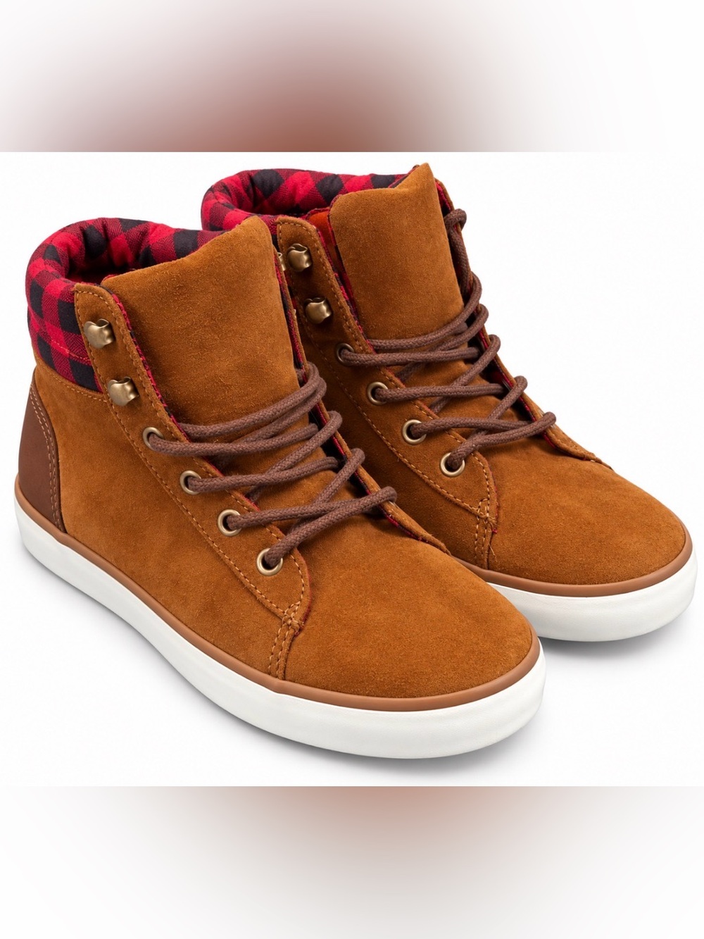 GAP Kids Chestnut Suede High-Top Boots with Red Plaid Collar